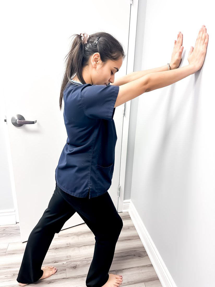 Patient performing wall stretch exercise at Platinum Physiotherapy Brampton — physiotherapy home exercise program for shoulder, chest and pectoral mobility