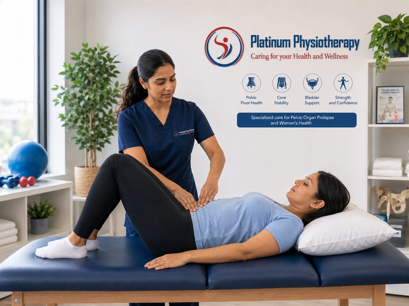 Pelvic health physiotherapist explaining bowel and pelvic floor mechanics at Platinum Physiotherapy in Brampton